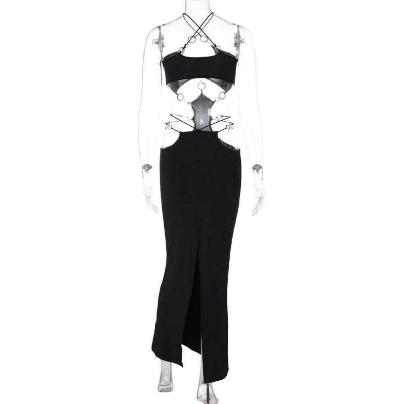 Hollow out o ring cross front slit cut out maxi dress  | Festival Outfits Women