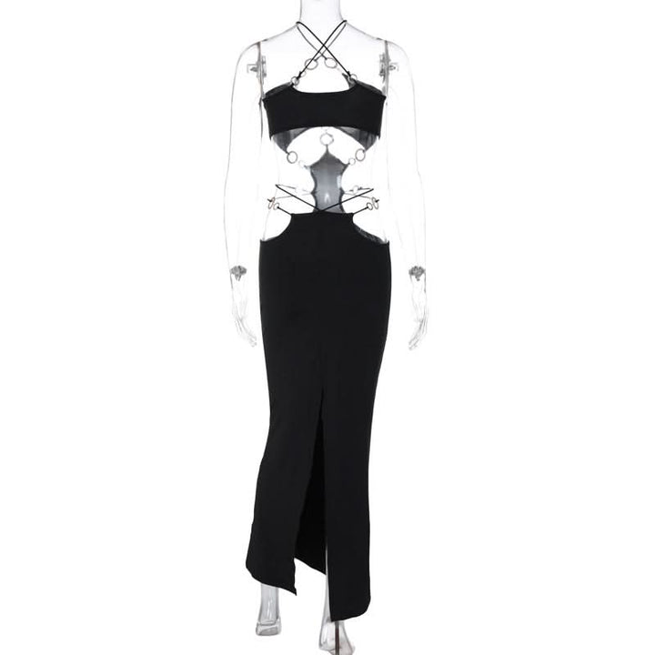 Hollow out o ring cross front slit cut out maxi dress  | Festival Outfits Women