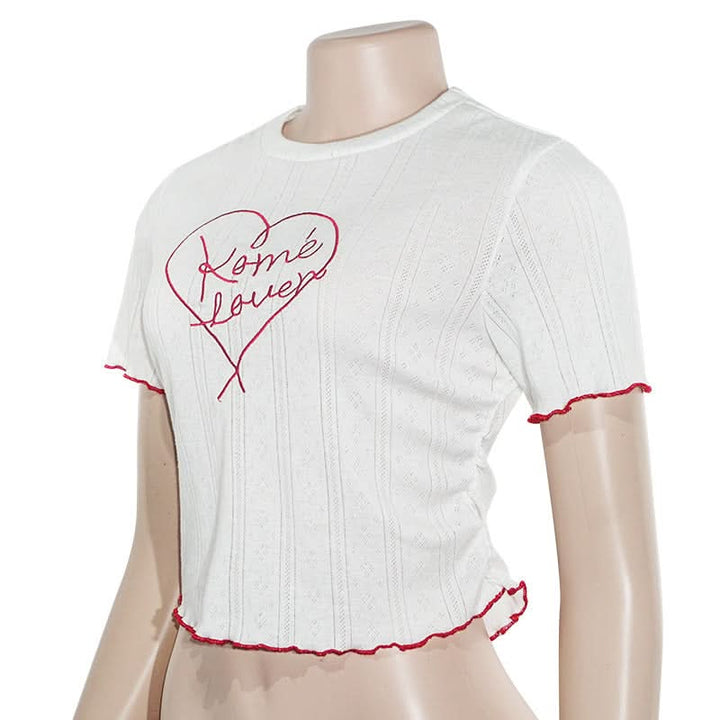 Crewneck short sleeve ruffle letter embroidery top  | Festival Outfits Women