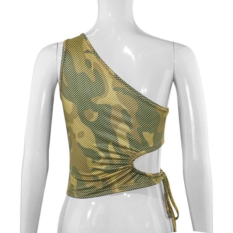 One shoulder hollow out camouflage self tie cut out top  | Festival Outfits Women