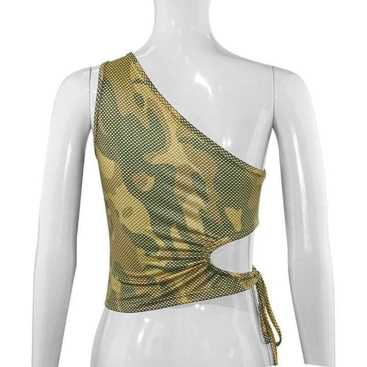 One shoulder hollow out camouflage self tie cut out top  | Festival Outfits Women