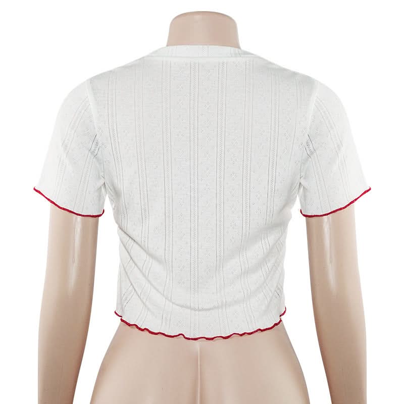 Crewneck short sleeve ruffle letter embroidery top  | Festival Outfits Women