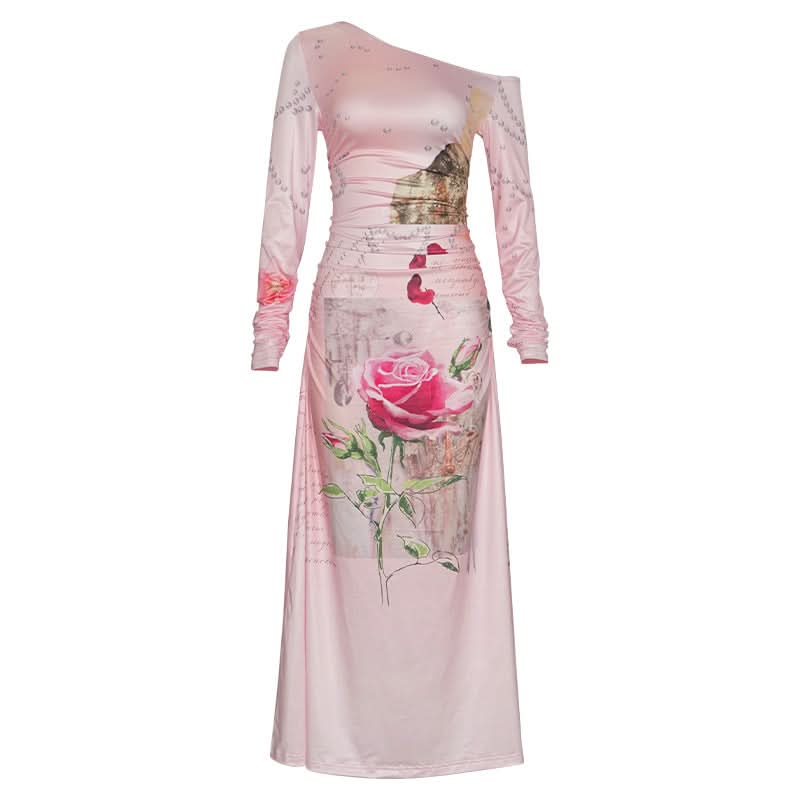 Long sleeve irregular flower print ruched maxi dress  | Festival Outfits Women
