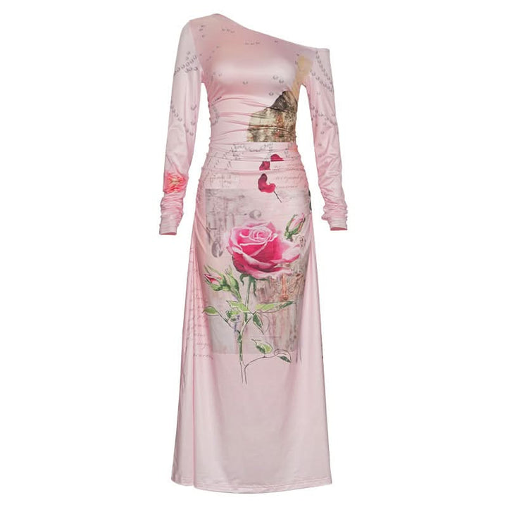 Long sleeve irregular flower print ruched maxi dress  | Festival Outfits Women