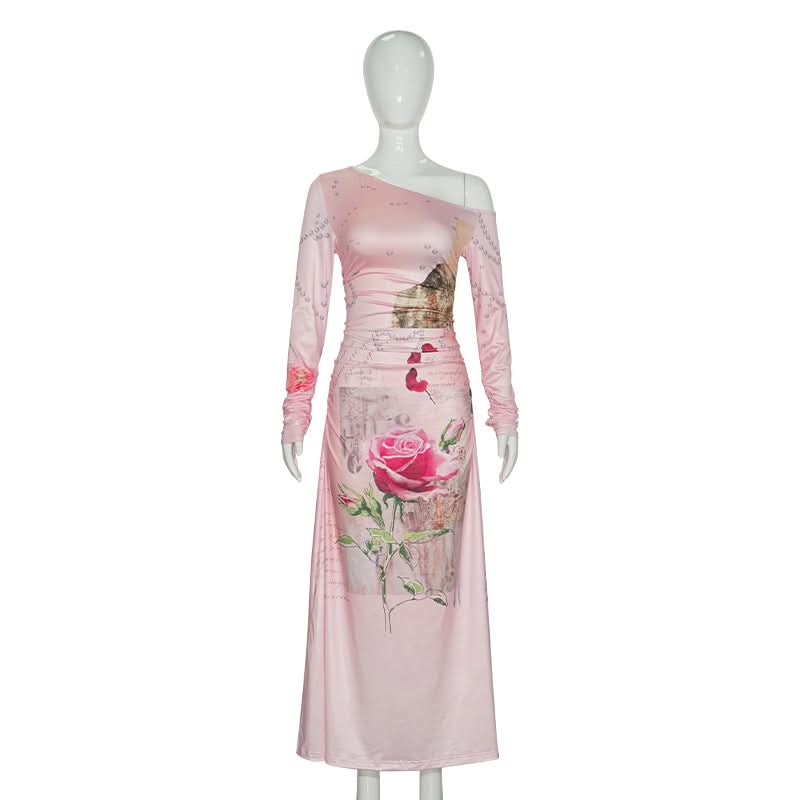 Long sleeve irregular flower print ruched maxi dress  | Festival Outfits Women