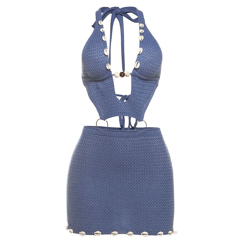 Halter self tie o ring hollow out knitted cut out mini dress  | Festival Outfits Women