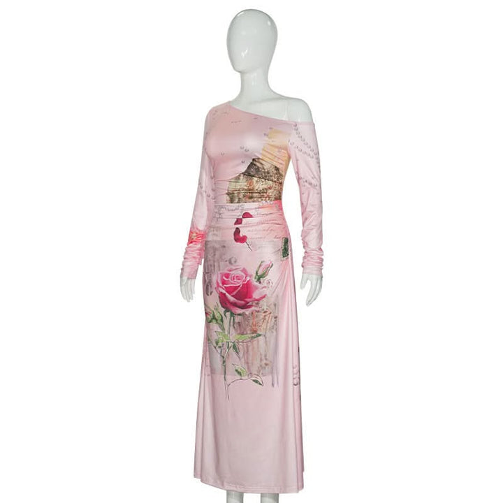Long sleeve irregular flower print ruched maxi dress  | Festival Outfits Women