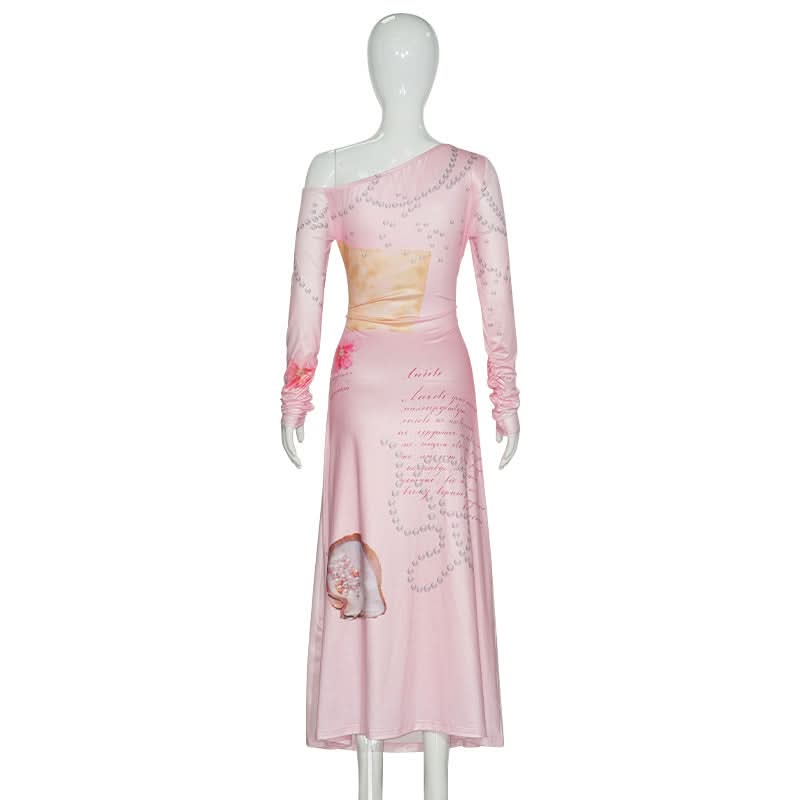 Long sleeve irregular flower print ruched maxi dress  | Festival Outfits Women