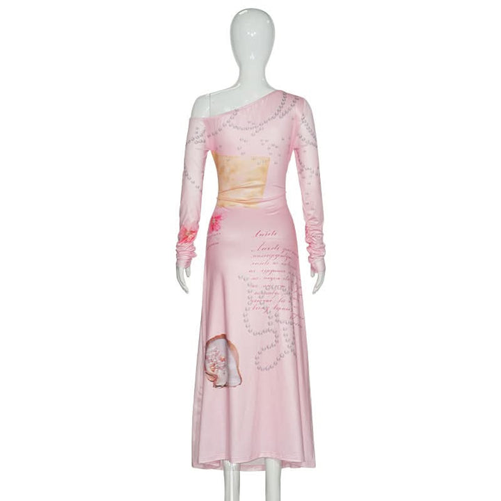 Long sleeve irregular flower print ruched maxi dress  | Festival Outfits Women