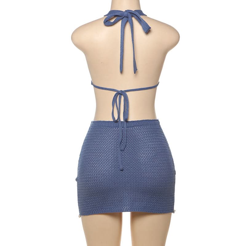 Halter self tie o ring hollow out knitted cut out mini dress  | Festival Outfits Women