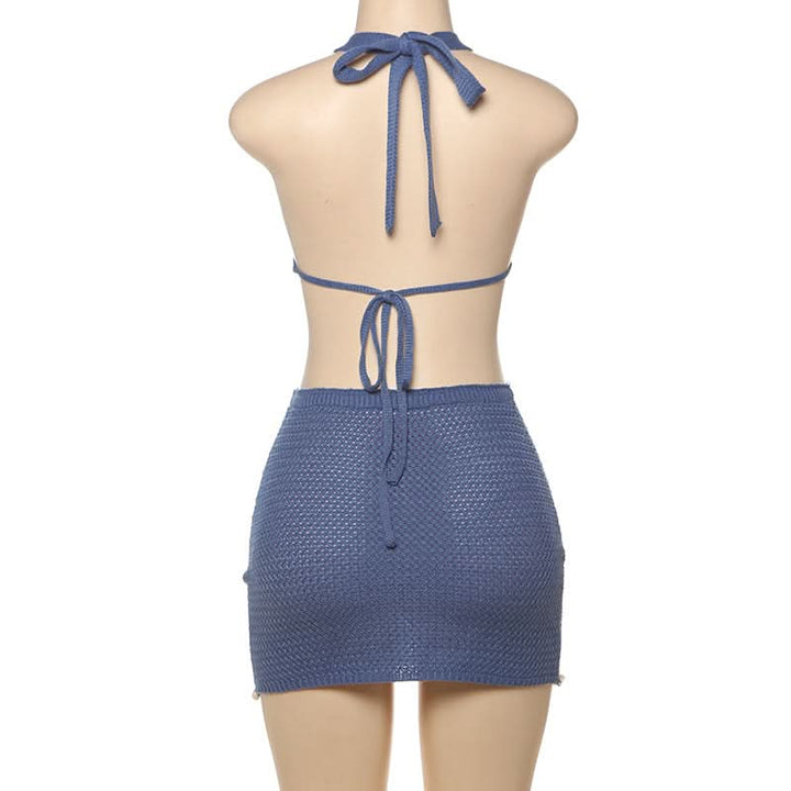 Halter self tie o ring hollow out knitted cut out mini dress  | Festival Outfits Women