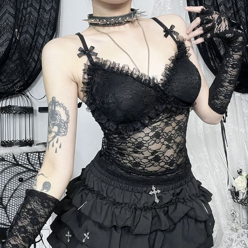 Bowknot lace v neck ruched cami top  | Festival Outfits Women