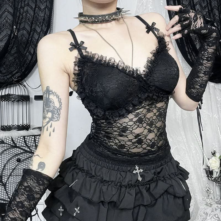 Bowknot lace v neck ruched cami top  | Festival Outfits Women