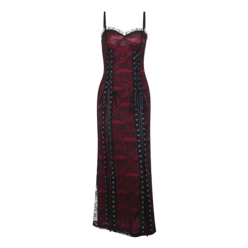 Ruffle lace up lace backless cami maxi dress  | Festival Outfits Women-final-sale