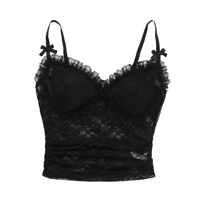 Bowknot lace v neck ruched cami top  | Festival Outfits Women