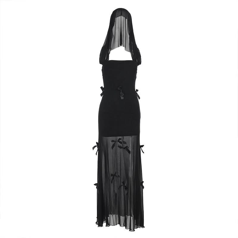 Bowknot hoodie square neck mesh 2-way maxi dress  | Festival Outfits Women
