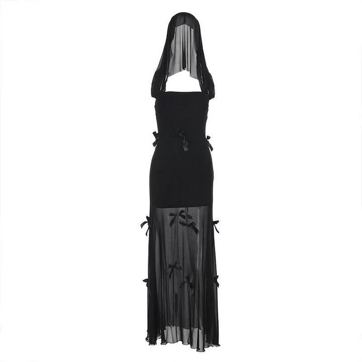 Bowknot hoodie square neck mesh 2-way maxi dress  | Festival Outfits Women