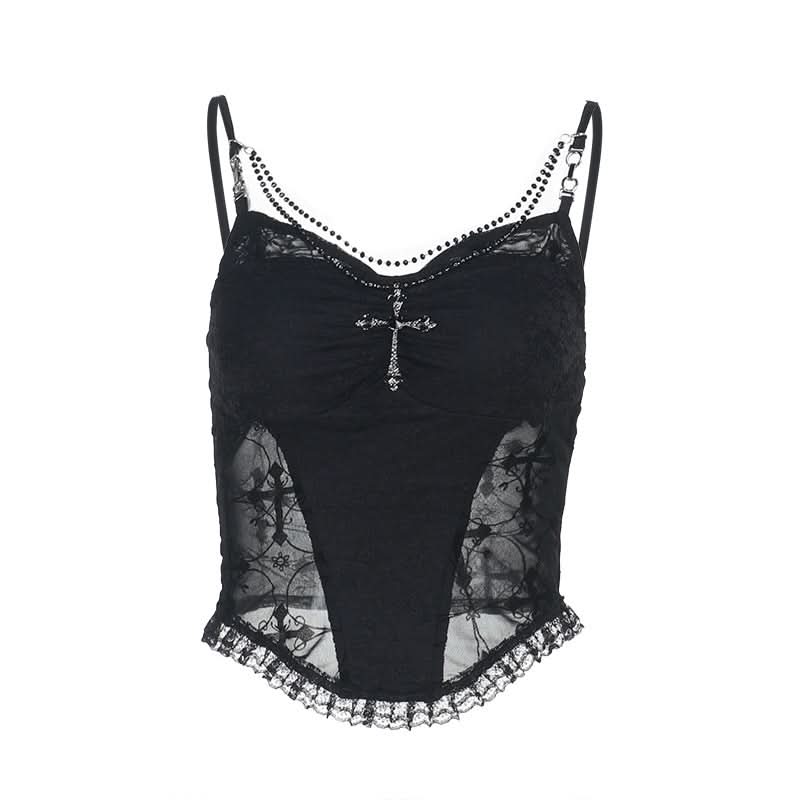 Lace hem v neck beaded ruched cami top  | Festival Outfits Women
