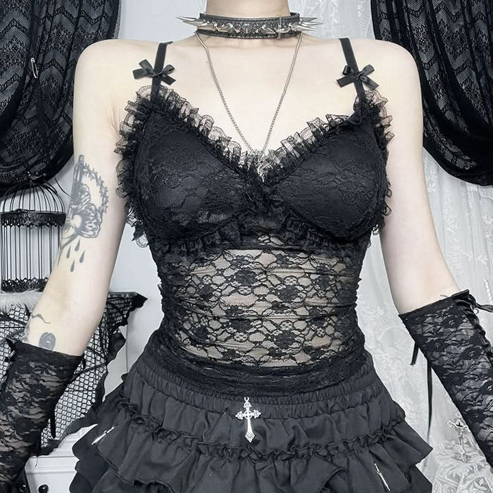 Bowknot lace v neck ruched cami top  | Festival Outfits Women