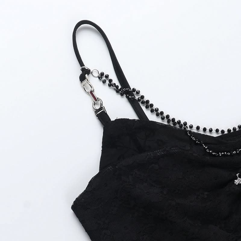 Lace hem v neck beaded ruched cami top  | Festival Outfits Women