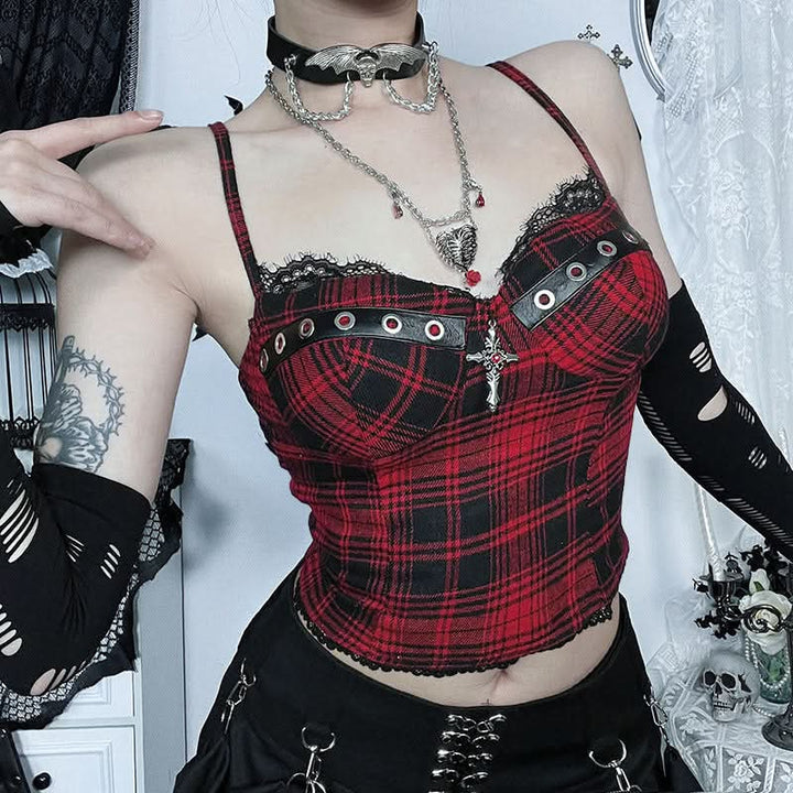 Plaid lace hem v neck smocked padded cami top  | Festival Outfits Women