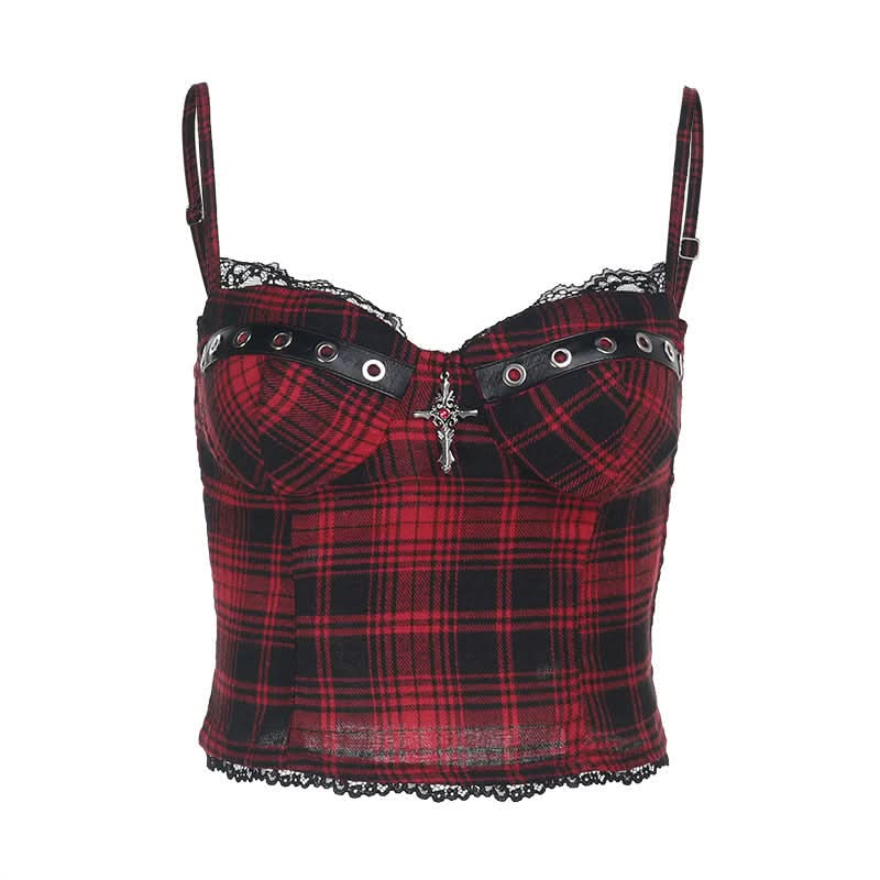 Plaid lace hem v neck smocked padded cami top  | Festival Outfits Women