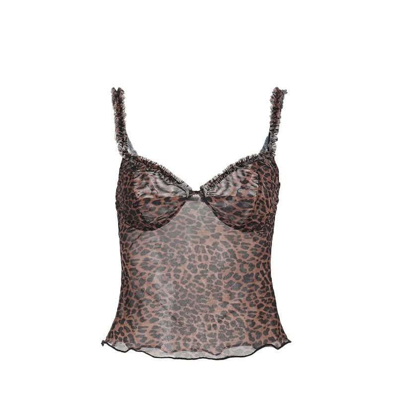 Leopard print v neck sheer mesh ruffle top  | Festival Outfits Women  | Cheetah Print Top