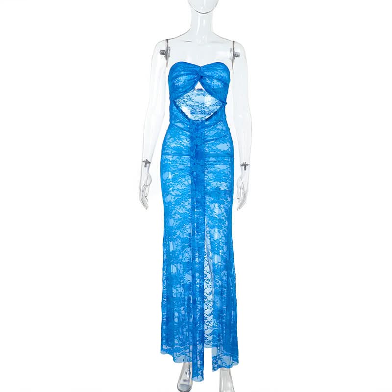 Slit hollow out lace ruched tube cut out maxi dress  | Festival Outfits Women