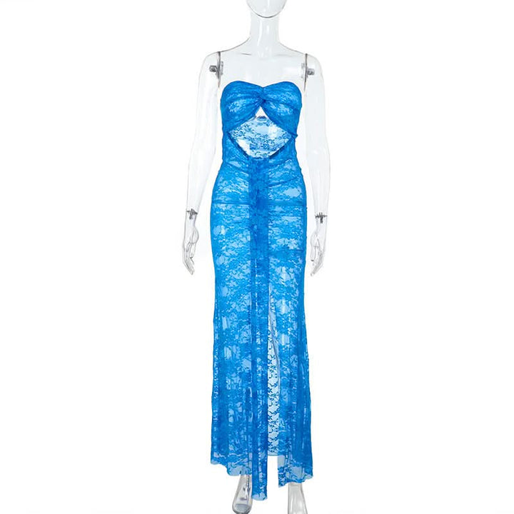 Slit hollow out lace ruched tube cut out maxi dress  | Festival Outfits Women