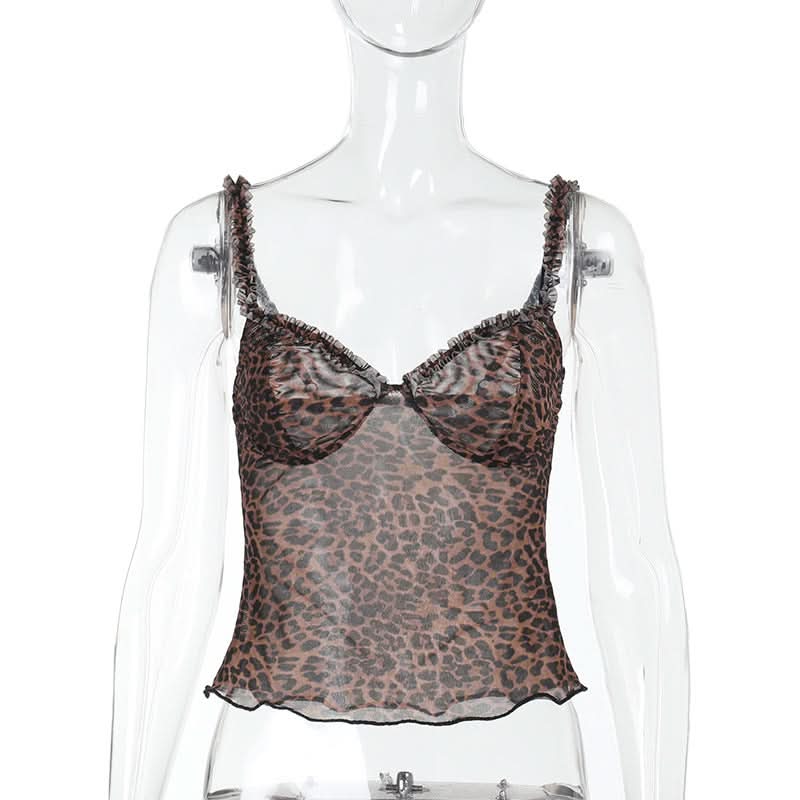 Leopard print v neck sheer mesh ruffle top  | Festival Outfits Women  | Cheetah Print Top