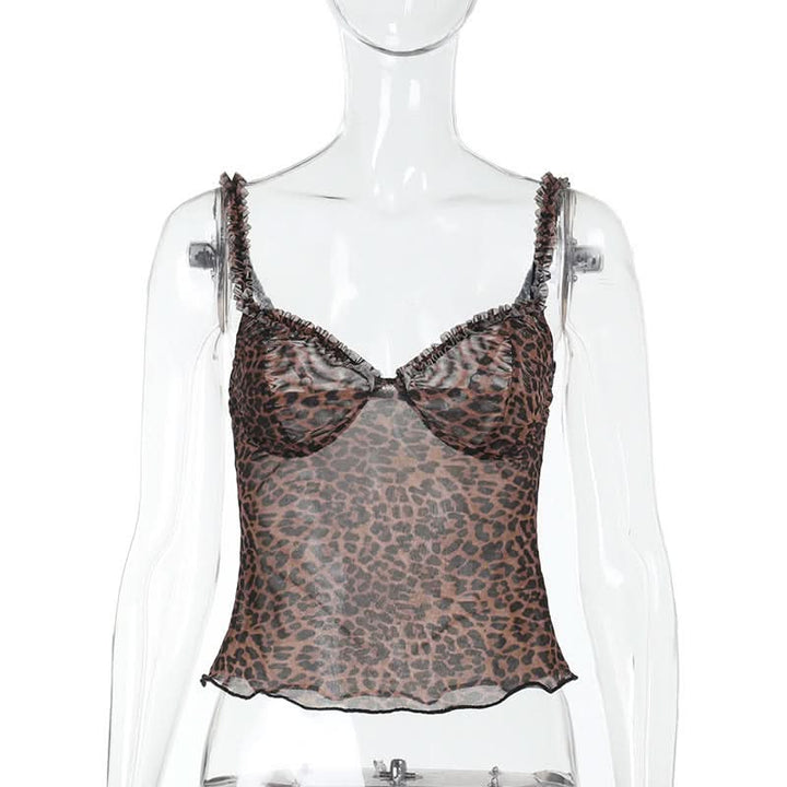 Leopard print v neck sheer mesh ruffle top  | Festival Outfits Women  | Cheetah Print Top