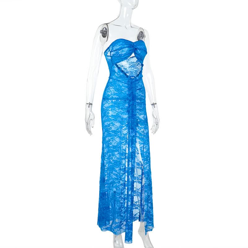 Slit hollow out lace ruched tube cut out maxi dress  | Festival Outfits Women