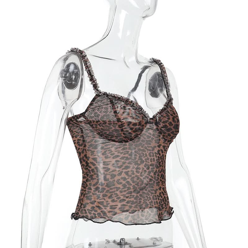 Leopard print v neck sheer mesh ruffle top  | Festival Outfits Women  | Cheetah Print Top