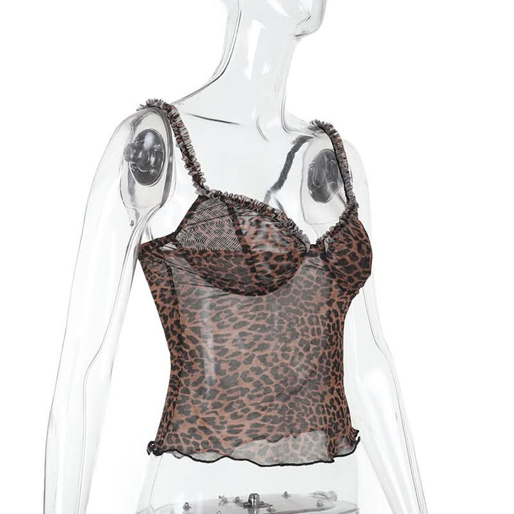 Leopard print v neck sheer mesh ruffle top  | Festival Outfits Women  | Cheetah Print Top