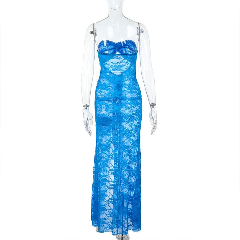 Slit hollow out lace ruched tube cut out maxi dress  | Festival Outfits Women