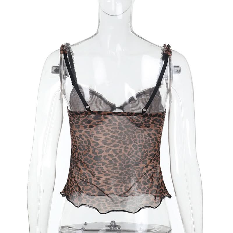 Leopard print v neck sheer mesh ruffle top  | Festival Outfits Women  | Cheetah Print Top