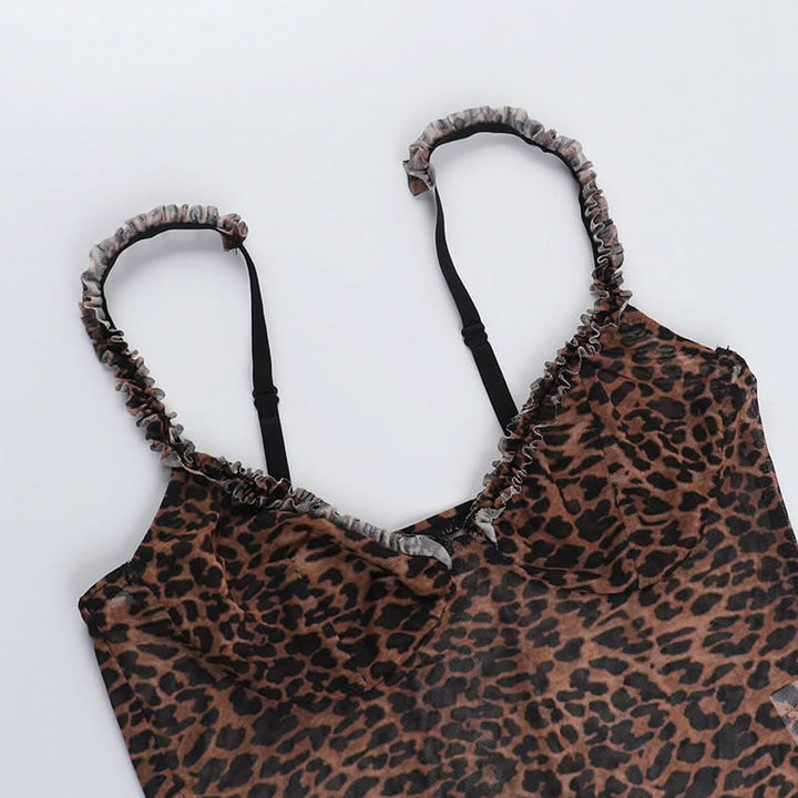 Leopard print v neck sheer mesh ruffle top  | Festival Outfits Women  | Cheetah Print Top