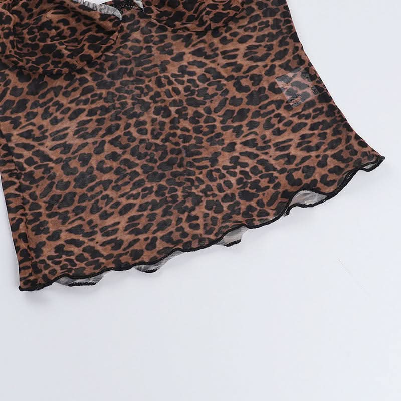 Leopard print v neck sheer mesh ruffle top  | Festival Outfits Women  | Cheetah Print Top