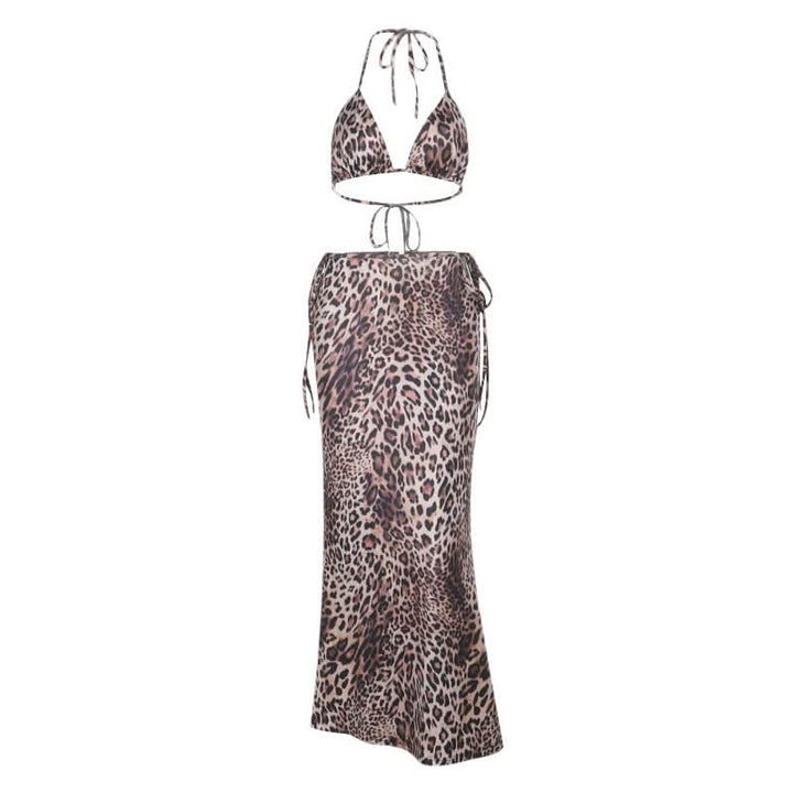 Leopard print self tie halter v neck maxi skirt set  | Festival Outfits Women