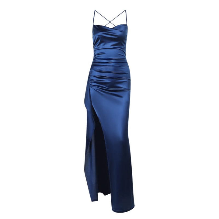 Zip-up satin slit v neck ruched cami maxi dress  | Festival Outfits Women