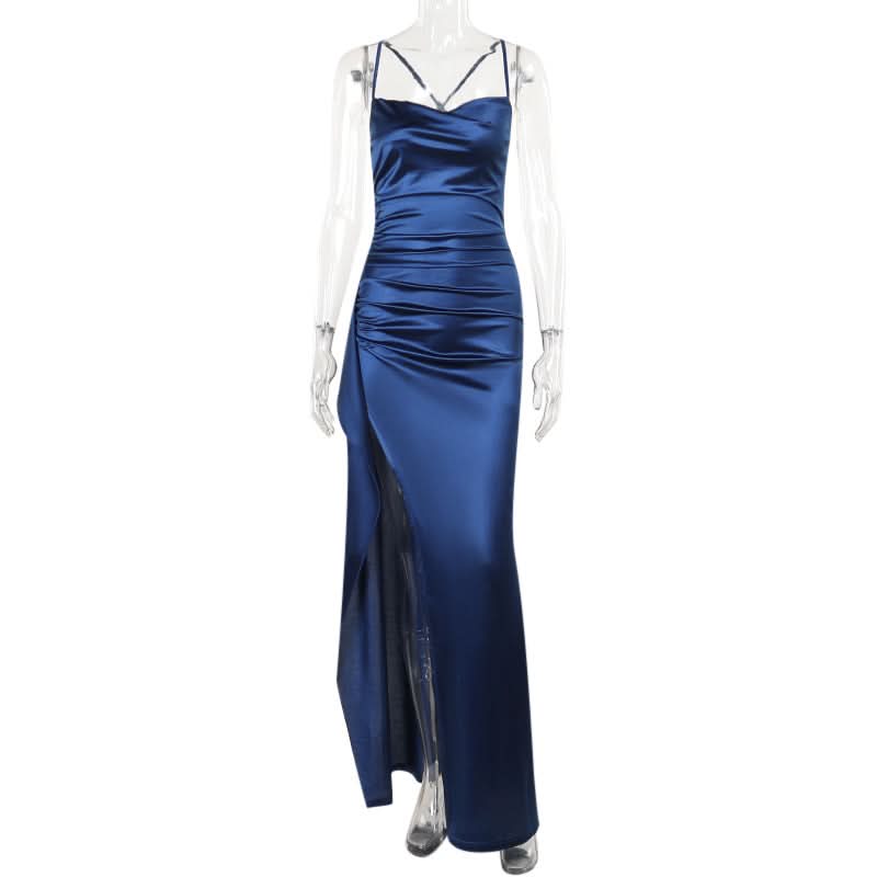 Zip-up satin slit v neck ruched cami maxi dress  | Festival Outfits Women