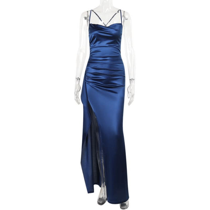 Zip-up satin slit v neck ruched cami maxi dress  | Festival Outfits Women