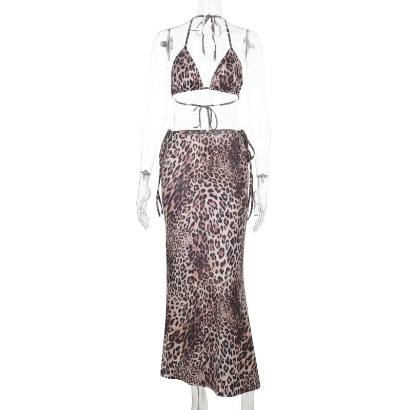 Leopard print self tie halter v neck maxi skirt set  | Festival Outfits Women