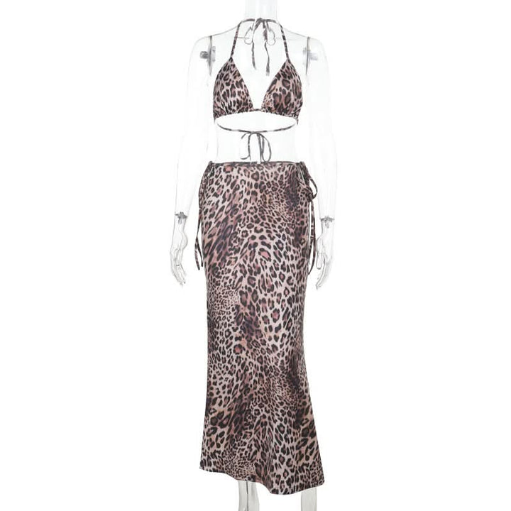 Leopard print self tie halter v neck maxi skirt set  | Festival Outfits Women