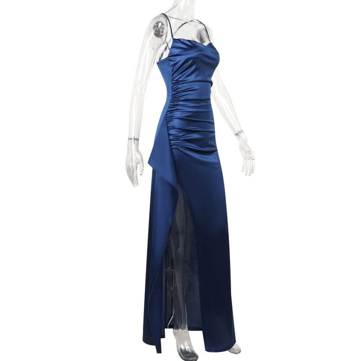 Zip-up satin slit v neck ruched cami maxi dress  | Festival Outfits Women
