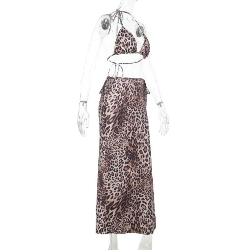 Leopard print self tie halter v neck maxi skirt set  | Festival Outfits Women