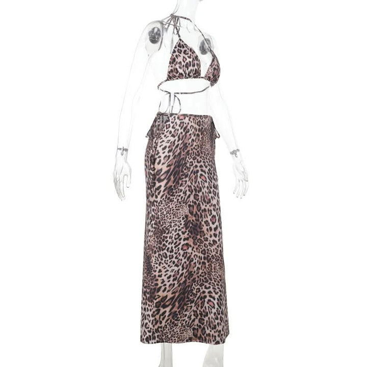 Leopard print self tie halter v neck maxi skirt set  | Festival Outfits Women