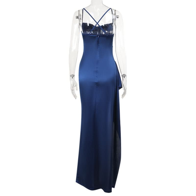 Zip-up satin slit v neck ruched cami maxi dress  | Festival Outfits Women