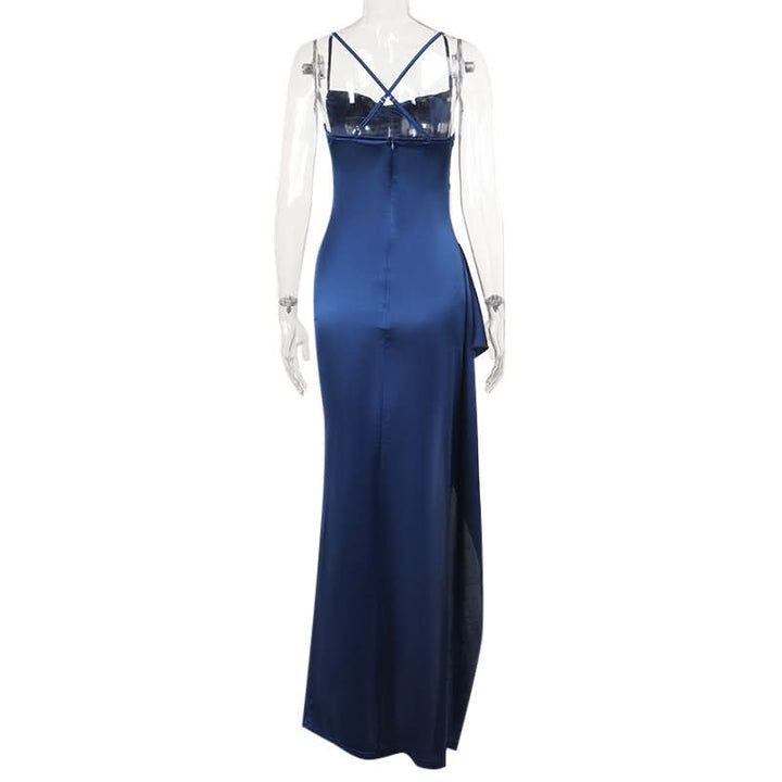 Zip-up satin slit v neck ruched cami maxi dress  | Festival Outfits Women