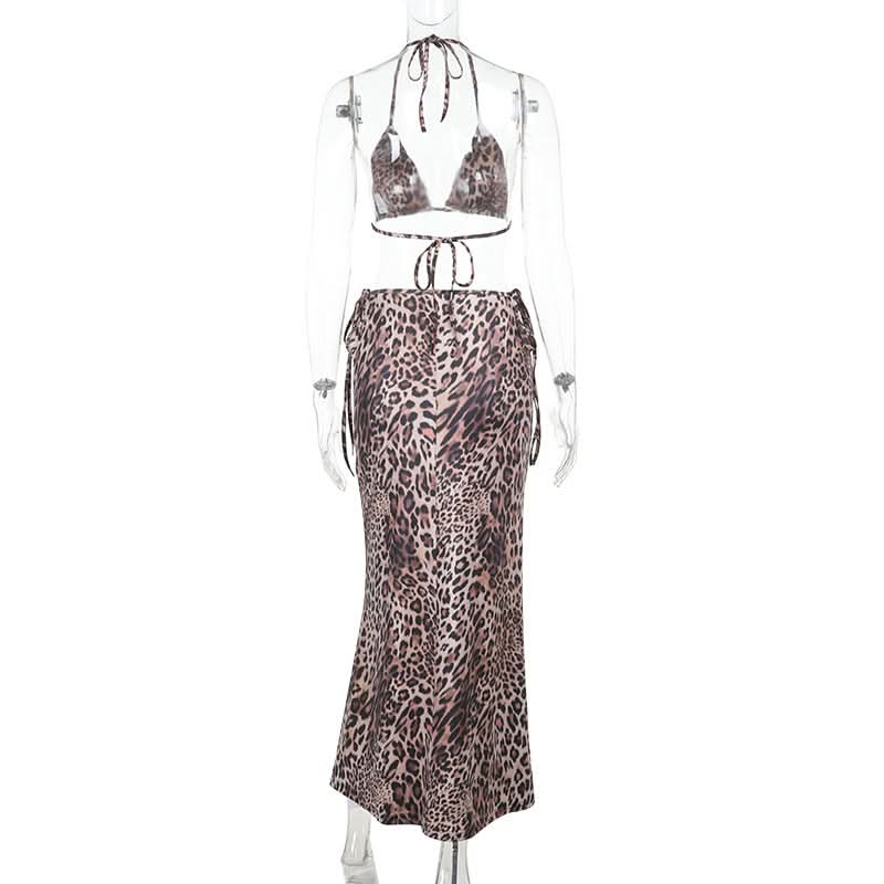 Leopard print self tie halter v neck maxi skirt set  | Festival Outfits Women